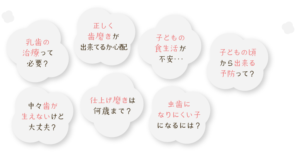 乳歯の治療って必要？、正しく歯磨きが出来てるか心配、子どもの食生活が不安…、子どもの頃から出来る予防って？、中々歯が生えないけど大丈夫？、仕上げ磨きは何歳まで？、虫歯になりにくい子になるには？