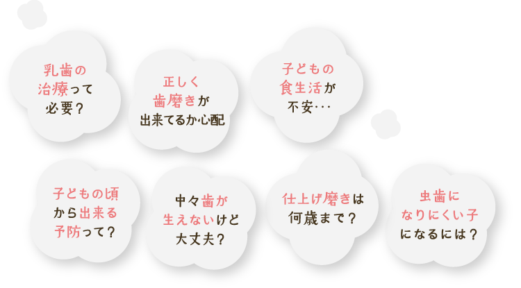 乳歯の治療って必要？、正しく歯磨きが出来てるか心配、子どもの食生活が不安…、子どもの頃から出来る予防って？、中々歯が生えないけど大丈夫？、仕上げ磨きは何歳まで？、虫歯になりにくい子になるには？