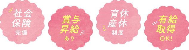 社会保険完備、賞与昇給あり、育休産休制度、有給取得OK